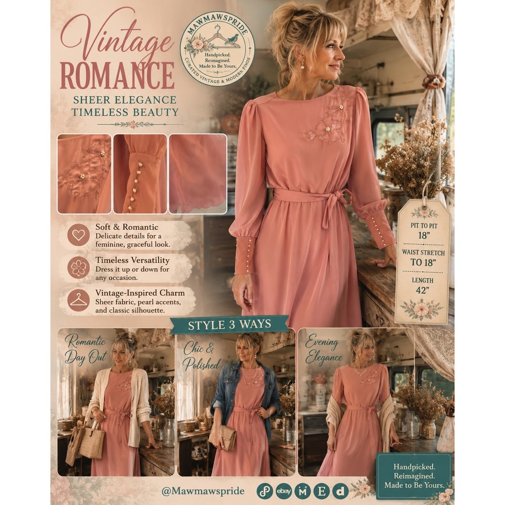 Vintage Romance Sheer Pink Midi Dress Pearl Accents Floral Embroidery Small